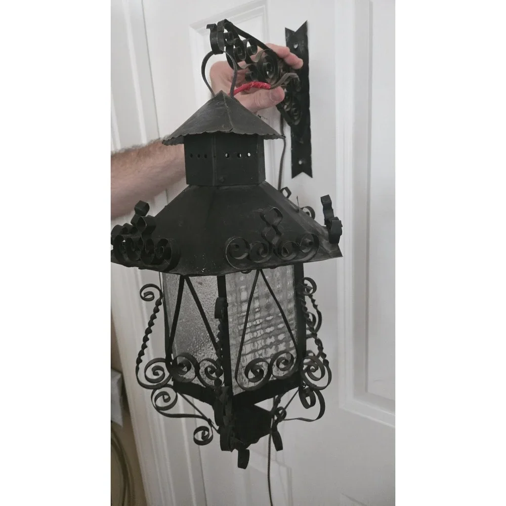 Antique Lantern  Iron Pendant Chandelier Scrolled Glass Gothic Spanish Revival